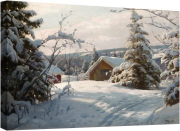Слънчев зимен пейзаж с къщичка