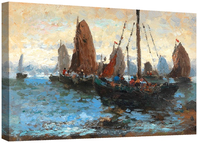 Морски пейзаж с много ветроходни лодки