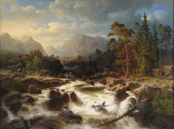 Драматичен пейзаж с водопад, фигури и сгради на воденица